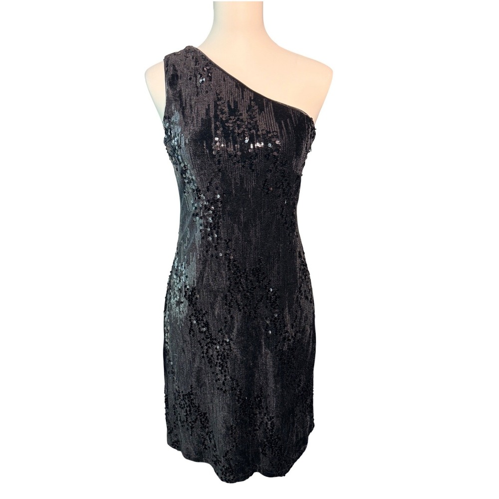 Nicole Miller Black Sequin Velvet One Shoulder Cocktail Sheath Dress Size 4 LBD